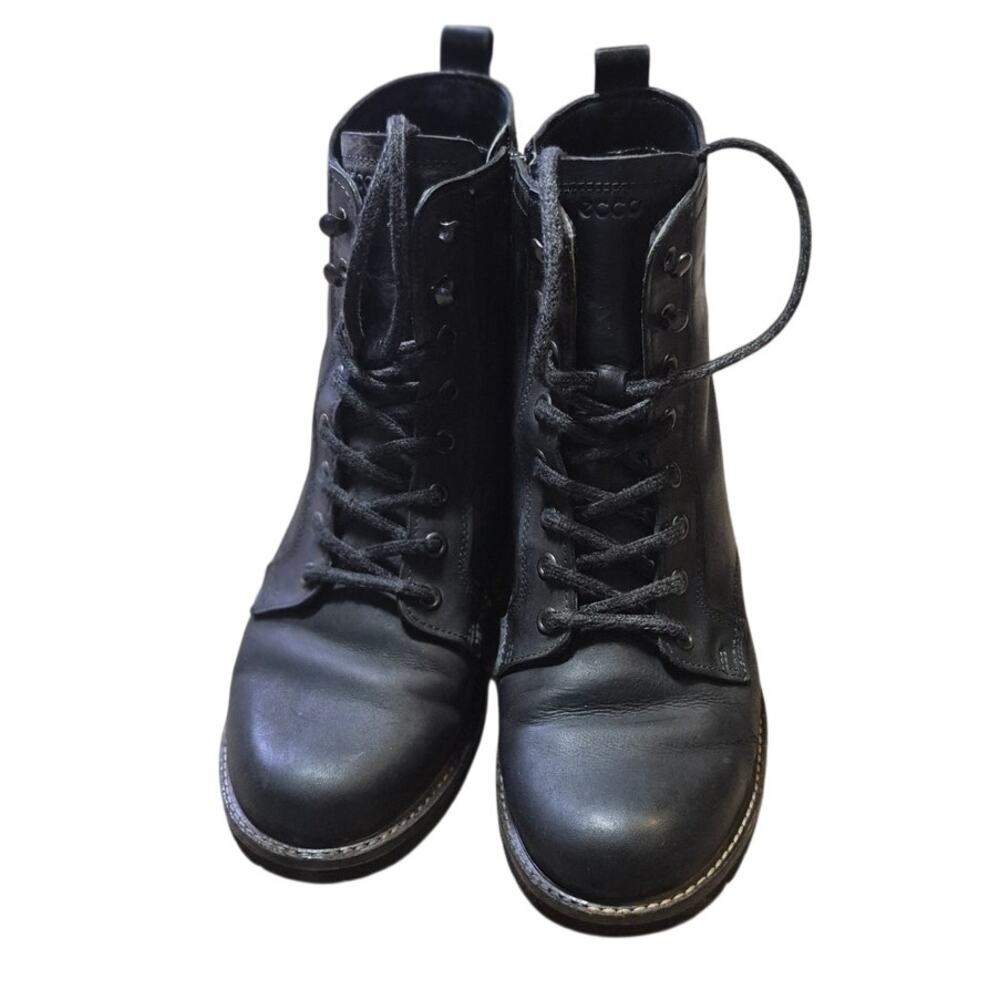 ECCO Black Combat Style Boots Lace Up and Side Zipper Size 41